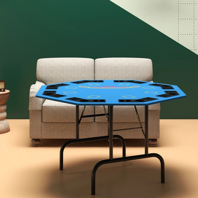 Soozier Foldable Poker Table Blackjack Texas Holdem Poker Game Table with Chips Tray & Cup Holders, 47" Octagon, Blue