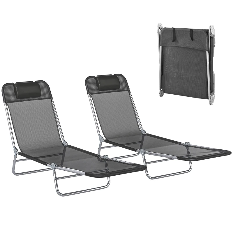 Outsunny 2 Piece Sun Loungers, Folding Chaise Lounge Chairs with Reclining Back, Breathable Mesh Seat, Headrest, Black