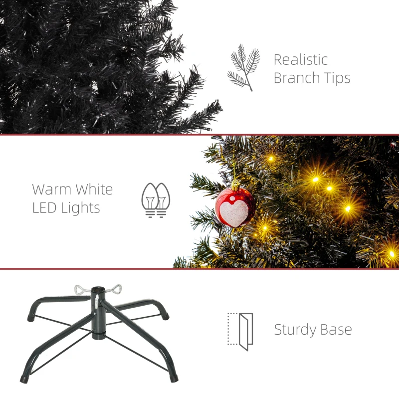 HOMCOM 6 FT Tall PreLit Artificial Christmas Tree with Realistic Branches, 250 Warm White LED Lights and 1000 Tips, Black