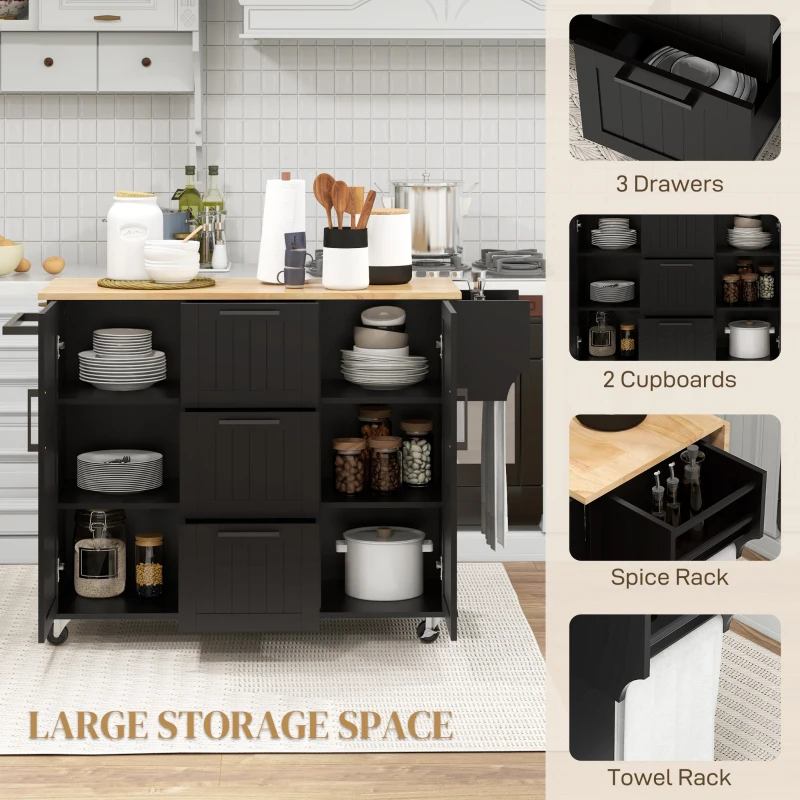 HOMCOM Rolling Kitchen Cart on Wheels with Drop Leaf, Kitchen Island with 3 Drawers, Solid Wood Top and Towel Rack, Black