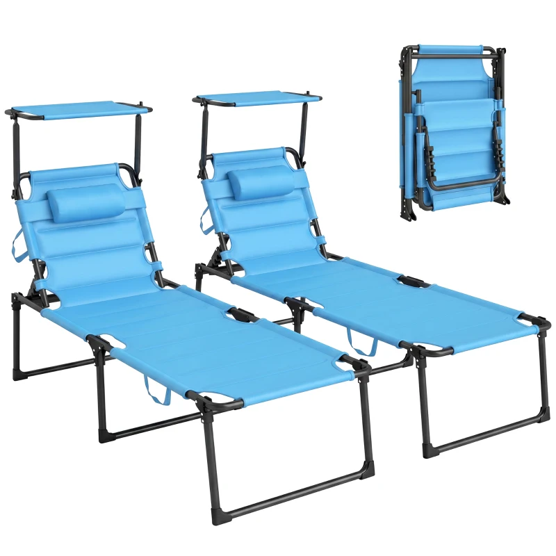 Outsunny 2 Pcs Outdoor Lounge Chair, 4 Position Adjustable Backrest, Folding, Cushioned w/ Sun Shade Roof & Pillow, Blue