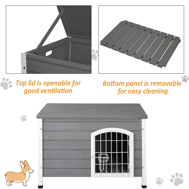 PawHut 31"L Wooden Decorative Dog Cage Kennel Wire Door with Lock Small Animal House with Openable Top Removable Bottom Gray