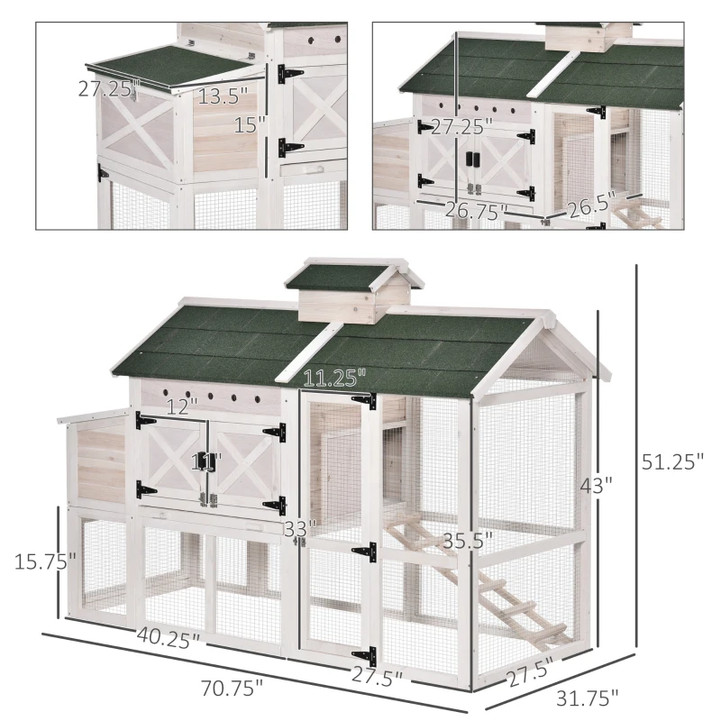 PawHut Wooden Chicken Coop Hen House with Removable Tray and Nest Box, 71" Rabbit Hutch and Poultry Cage with Ventilated Holes , White
