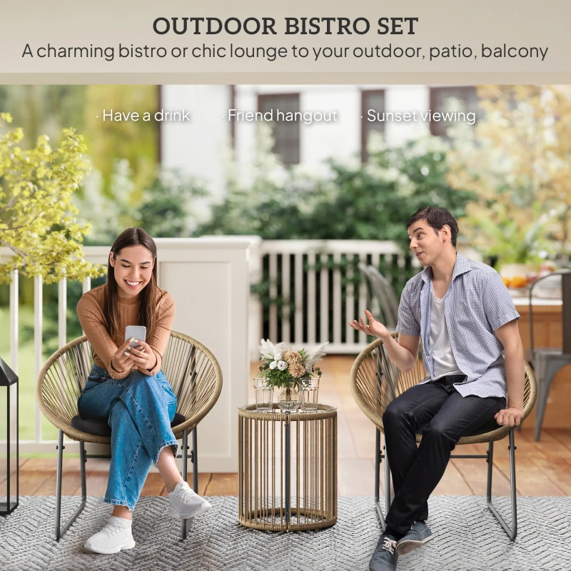 Outsunny Outdoor Bistro Set, 3 Piece Wicker Patio Furniture Set with 2 Chairs and Glass-Top Table, Natural Wood