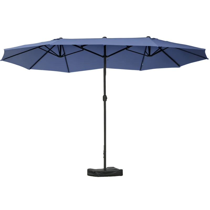 Outsunny 15' Outdoor Patio Umbrella with Twin Canopy Sunshade Steel Table Umbrella w/ Lift Crank, Cross base, Sandbag, Dark Blue
