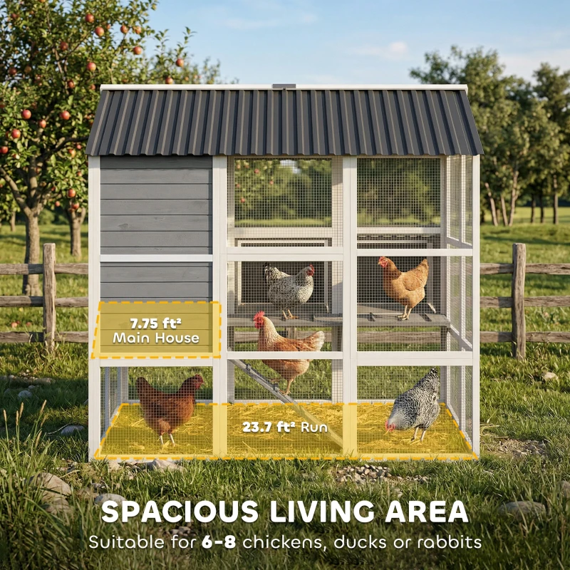 PawHut 77" Large Chicken Coop for 6-8 Chickens, Outdoor Wooden Hen House Poultry Cage with Run, Nesting Boxes, Waterproof Roof