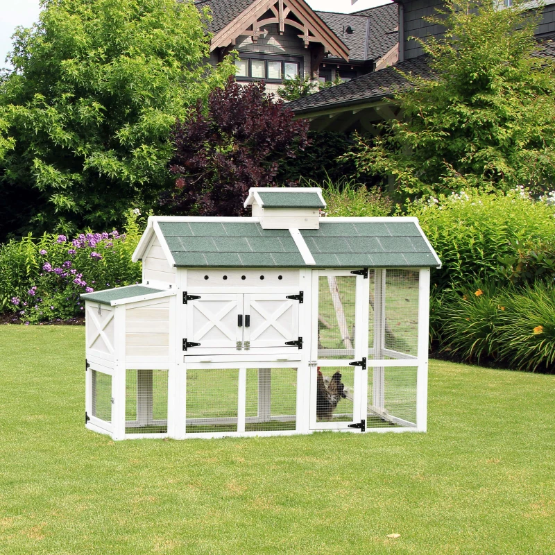 PawHut Wooden Chicken Coop Hen House with Removable Tray and Nest Box, 71" Rabbit Hutch and Poultry Cage with Ventilated Holes , White
