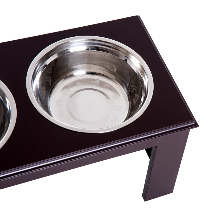 PawHut 10" Height Dog Feeding Station for Messy Pets, Stainless Steel Elevated Dog Bowls with Modern Wooden Frame, Dog Food Stand Pet Feeding Station, Dark Brown