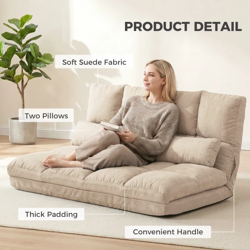 HOMCOM Convertible Floor Sofa Chair, Folding Couch Bed, Guest Chaise Lounge with 2 Pillows, Adjustable Backrest and Headrest, 40.25" L, Beige