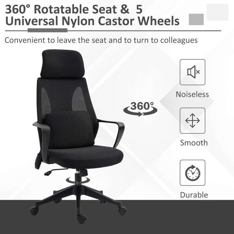 Vinsetto Ergonomic Home Office Mesh Desk Chairs, Computer Task Chair with Massage Lumbar Cushion, Adjustable Seat & Headrest, Rocking Function, Black