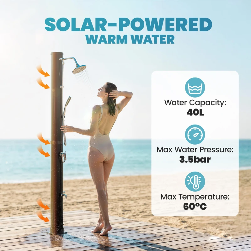 Outsunny 10.6 Gal Solar Heated Shower, 7.2 FT Outdoor Shower with 2 Shower Heads, Adjustable Temperature, Foot Faucet