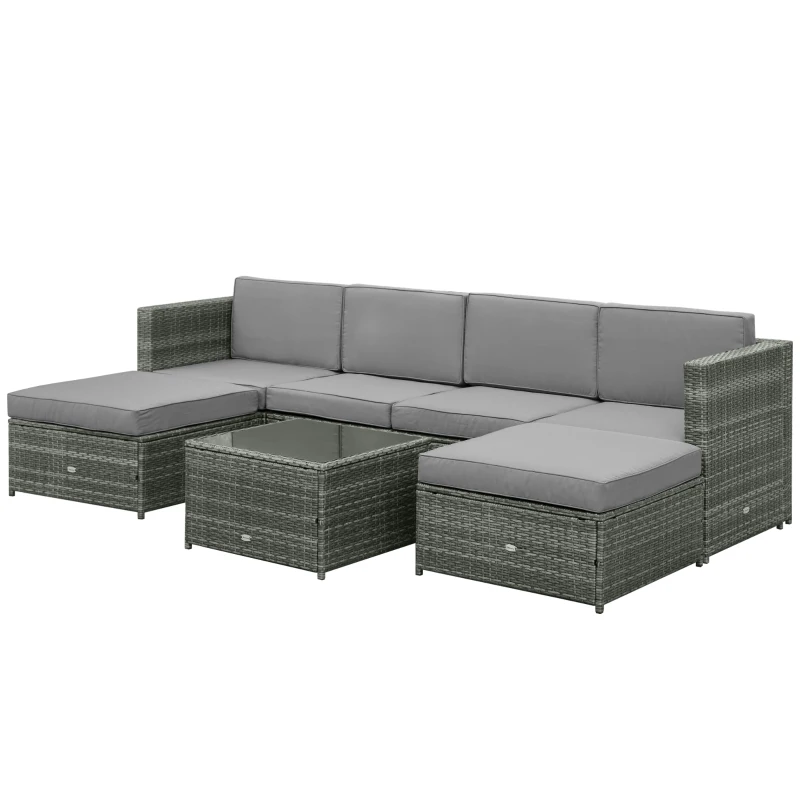 Outsunny 7pcs Wicker Rattan Sectional Set Outdoor Patio Sofa Table Footstools Set Garden Furniture with Cushions, Grey