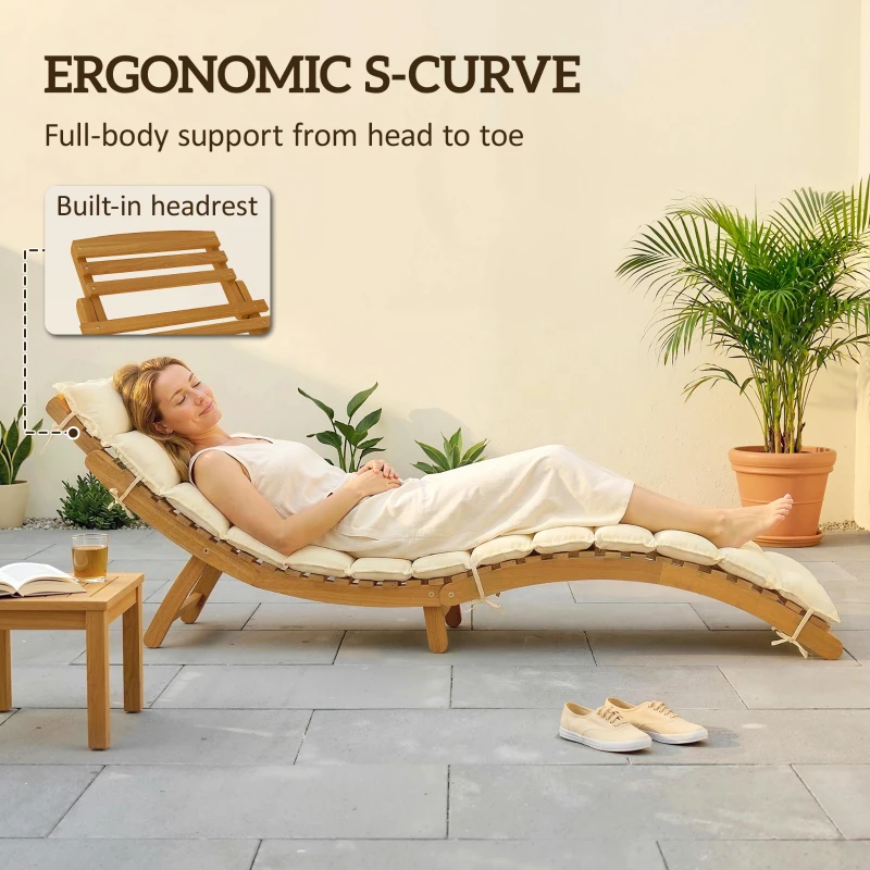 Outsunny Folding Chaise Lounge Chair Outdoor, Acacia Wood Lounger Tanning Chair with Cushion, Headrest, Cream White