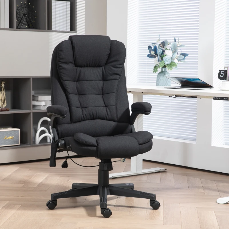 HOMCOM 6 Point Vibrating Massage Office Chair with Heat, Linen High Back Massage Desk Chair with Reclining Backrest, Black