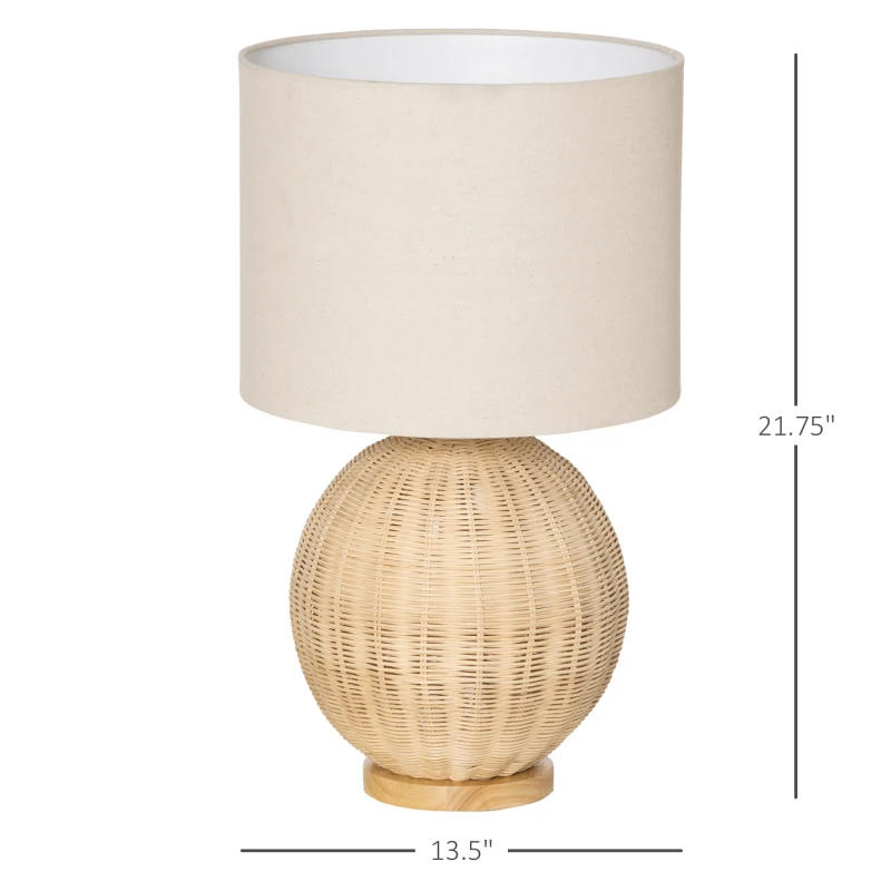 HOMCOM Nautical Style Table Lamp, Bedside Reading Light with White Fabric Lampshade and Rattan Base for E26 LED or Halogen Bulb for Living Room, Natural