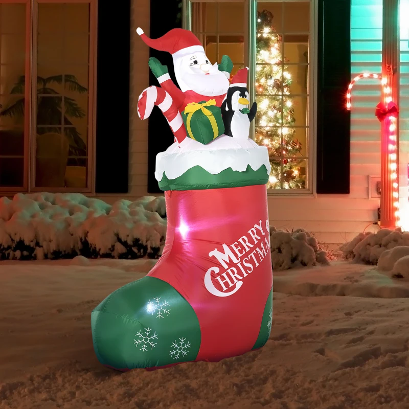 Outsunny 5ft Christmas Inflatables Outdoor Decorations Santa and Penguin Standing in Sock with Candy Cane Gift Box, Blow-Up LED Yard Christmas Decor for Lawn Garden Party
