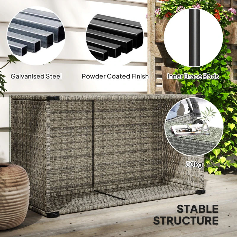 Outsunny Wicker Outdoor Coffee Table, PE Wicker Rectangular Patio Table with Tempered Glass Top for Garden, Balcony, Dark Grey