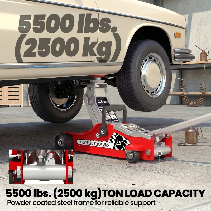 HOMCOM Low Profile Car Jack, Hydraulic Racing Floor Jack, 3.1"-14.1" Lifting Range, 2.5 Ton (5,000 lb) Capacity, Red and Silver