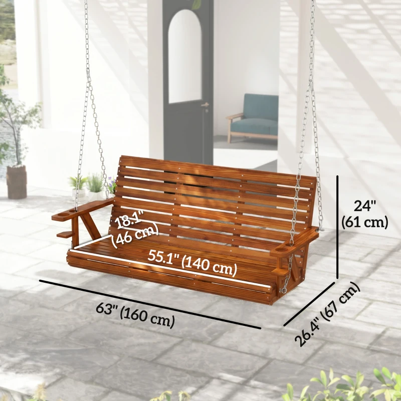 Outsunny 3-Seater Swing Bench, Wooden Porch Swing with Cupholders, Hanging Chains for Patio Garden, Carbonized