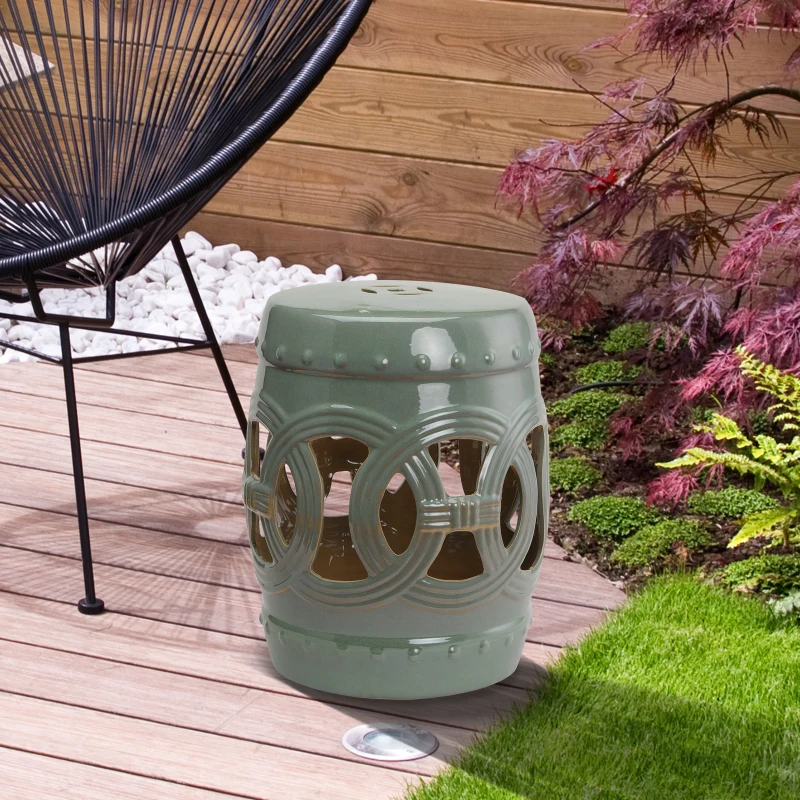 Outsunny 14" x 17" Ceramic Garden Stool with Double-Coin Knotted Ring Design, Glazed Decorative Outdoor Stool, Green