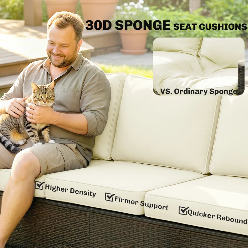 Outsunny 3 Seater Outdoor Couch Sofa, PE Wicker Patio Furniture Couch, Wide Seat, 4" Cushions, Wood-Effect Armrests, Cream White