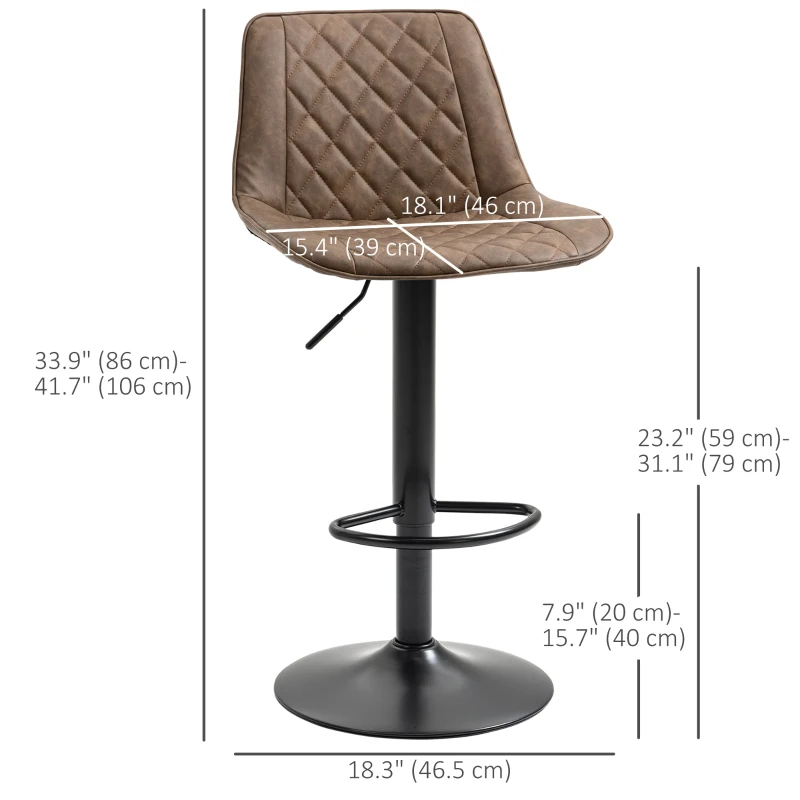 HOMCOM Bar Stools Set of 2, Swivel Counter Height Barstools with Back, Footrest, Adjustable Height, Dark Brown