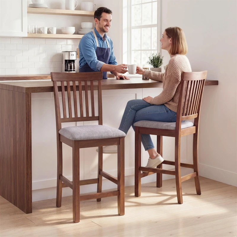 HOMCOM Counter Height Bar Stools with Padded Seat, High Back Kitchen Chairs Set of 2 for Dining Room, Gray and Dark Brown
