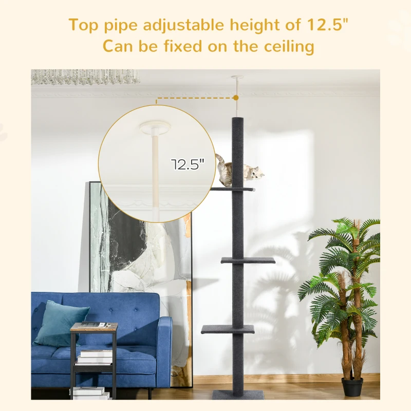 PawHut Floor-to-Ceiling Cat Tree Climbing Tower with Sisal-Covered Scratching Posts Natural Cat Tree Activity Center for Kittens Tower Furniture, Gray