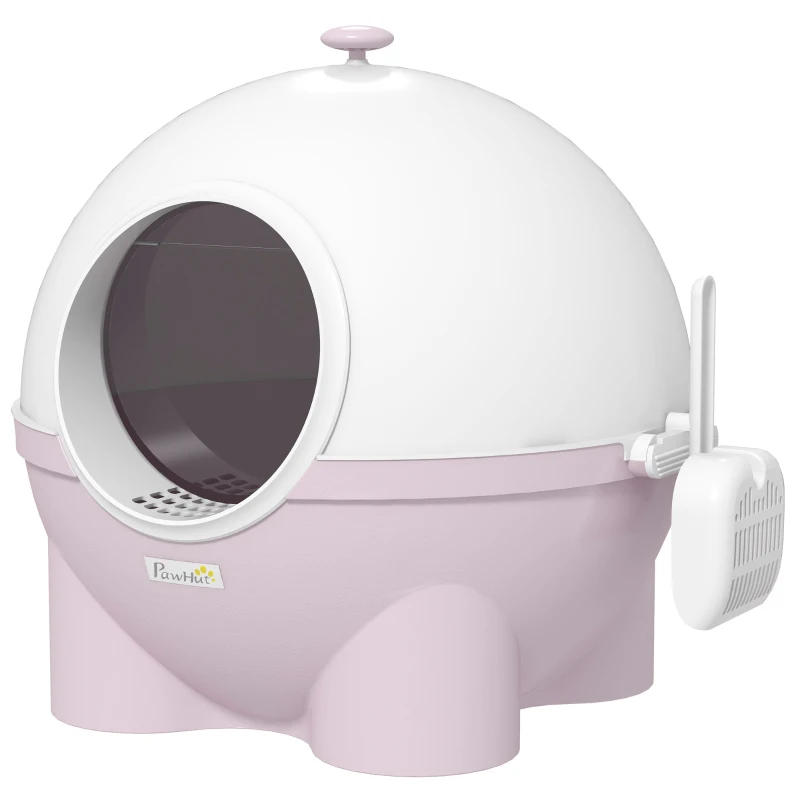 PawHut Hooded Cat Litter Box, Large Kitty Litter Pan with Lid, Scoop, Leaking Sand Pedal, Top Handle, Light Pink