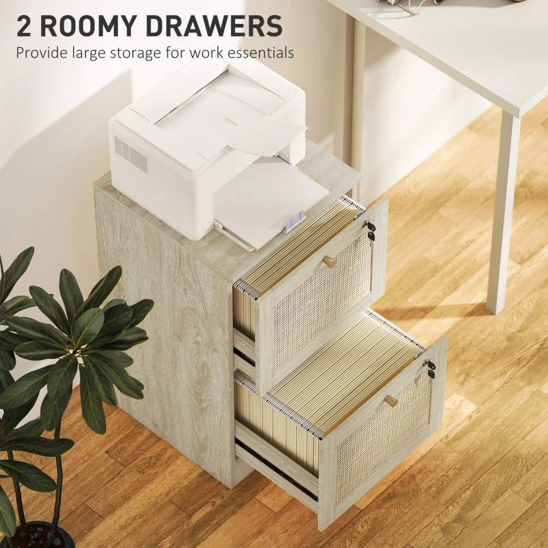 HOMCOM 2 Drawer Filing Cabinet with Lock, Boho File Cabinet for A4 Letter Size Files with Decorative Rattan Accents, Oak