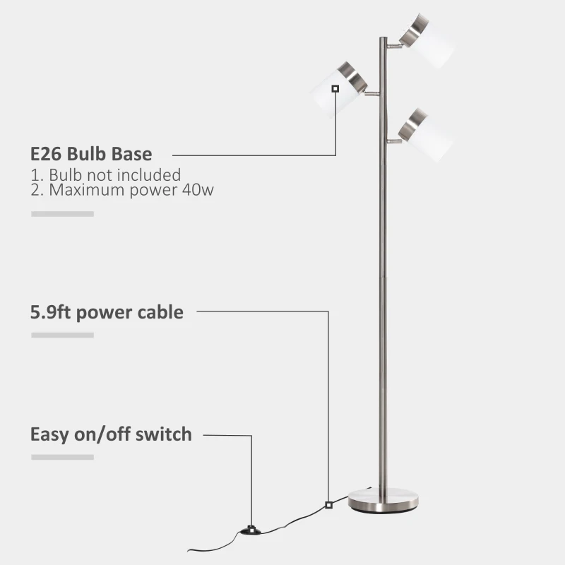 HOMCOM Modern Floor Lamp, Standing Lamp with 3 Rotating Lights for Living Room, Bedroom, Office, Silver