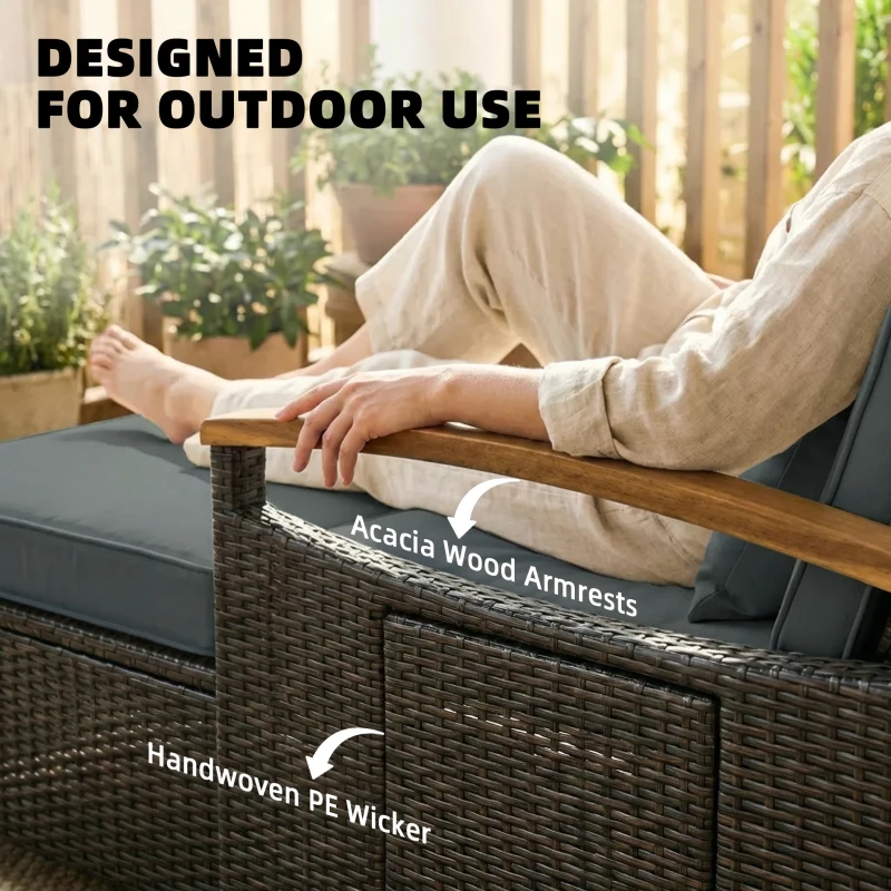 Outsunny Rattan Outdoor Daybed w/4-Level Adjustable Backrest, Patio Sofa Bed w/Storage Ottoman, Acacia Wood Armrest, Mixed Gray