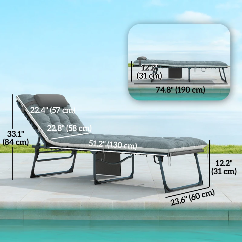 Outsunny Outdoor Lounge Chair Set of 2, Folding Chaise Lounge Tanning Chair with Cushion, Side Pocket, Grey