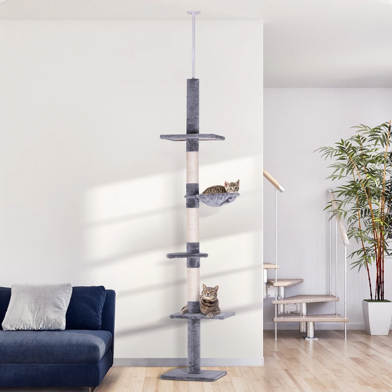 PawHut 102" Adjustable Height Floor to Ceiling Cat Tree, 5 Level Cat Tower with Scratching Posts, Hammock, Gray