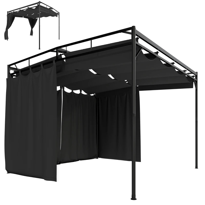 Outsunny 10' x 10' Retractable Pergola Canopy, Outdoor Pergola with Curtains, Metal Garden Gazebo Sun Shade Shelter for Patio