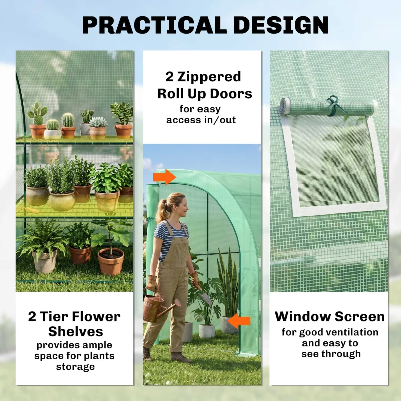 Outsunny Walk-in Wall Lean-to Greenhouse, 10' x 5' x 7' Outdoor Gardening Green House with PE Cover, Windows, Shelves and 2 Zipper Doors, Green