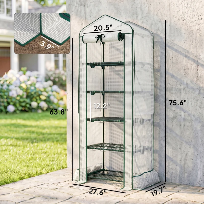 Outsunny Mini Greenhouse with Screen Roof, 5 Tier Portable Small Greenhouse with High Strength PE Cover, White