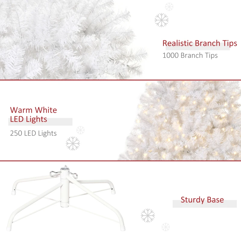 HOMCOM 6 FT Tall PreLit Artificial Christmas Tree with Realistic Branches, 250 Warm White LED Lights and 1000 Tips, White