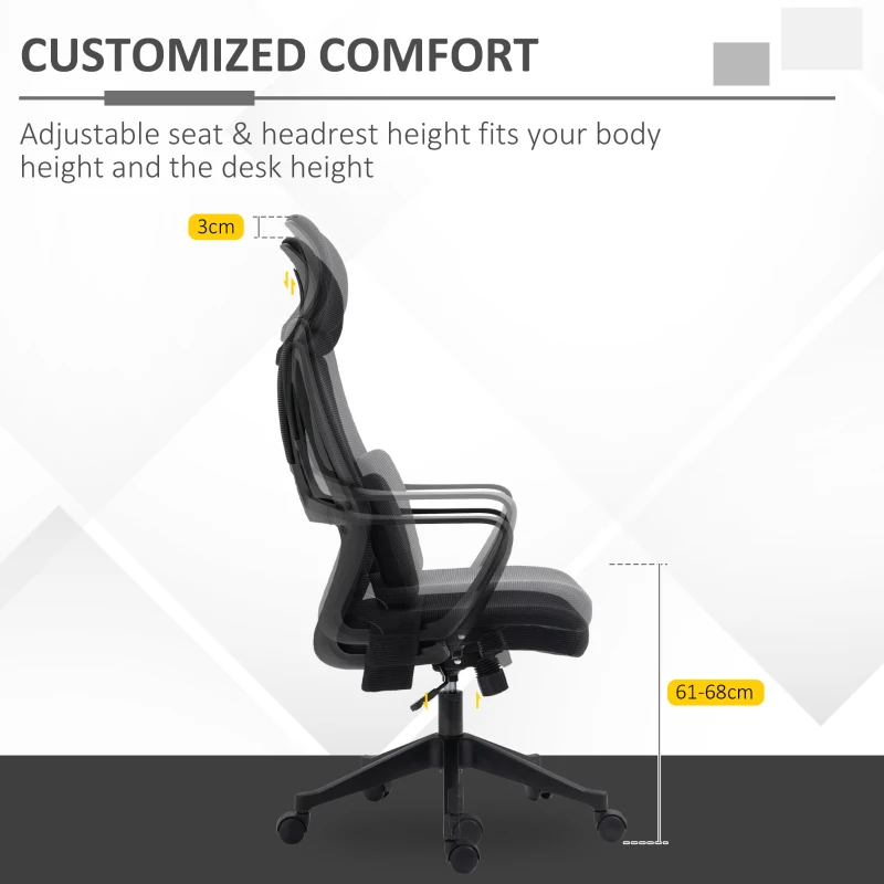 Vinsetto Ergonomic Home Office Mesh Desk Chairs, Computer Task Chair with Massage Lumbar Cushion, Adjustable Seat & Headrest, Rocking Function, Black
