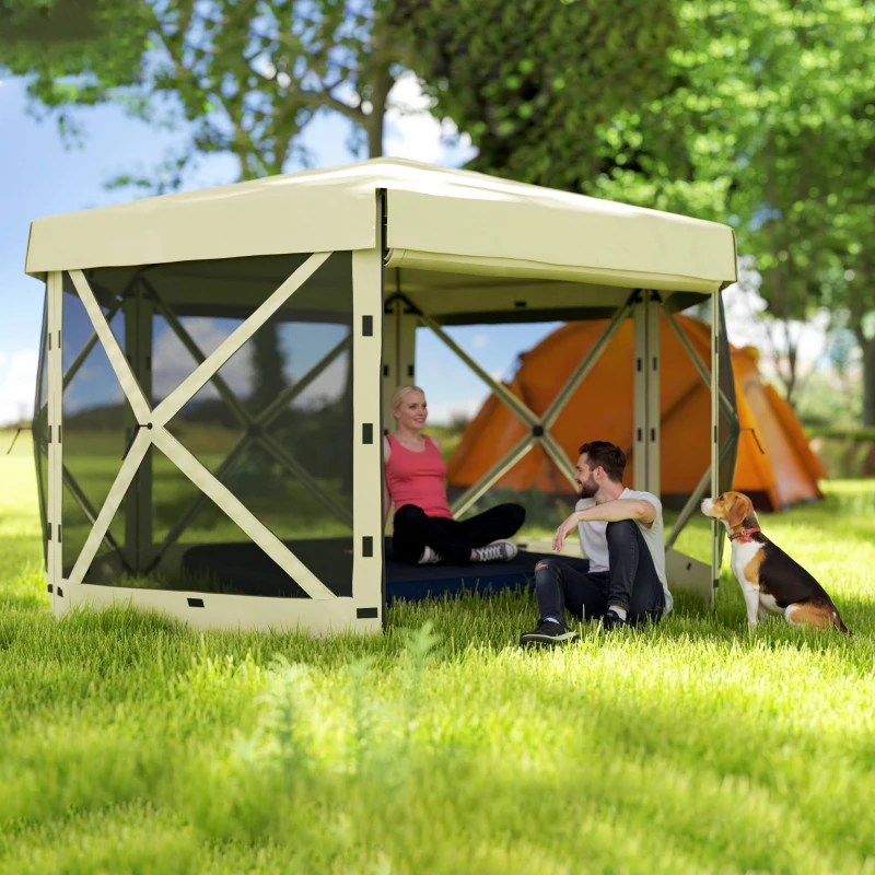 Outsunny 12' x 12' Hexagonal Pop Up Gazebo Canopy Tent with 5 Sidewalls, Outdoor Canopy Shelter with Carry Bag, Beige