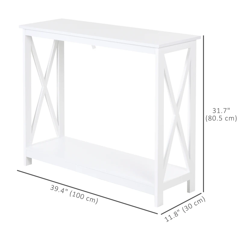 HOMCOM 40" Console Table, 2 Tier X-Design Narrow Entryway Table with Storage Shelf for Behind Couch, Living Room, Hallway, White