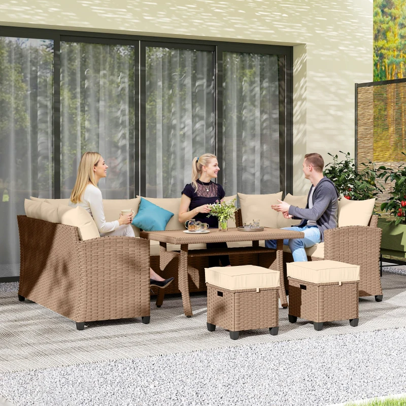 Outsunny 6 Piece Patio Furniture Set, PE Wicker Outdoor Furniture Conversation Set with 3 Sofas, 2 Ottomans and Slatted WPC Top Dining Table, All Weather Sectional Sofa Couch with Pillows, Khaki