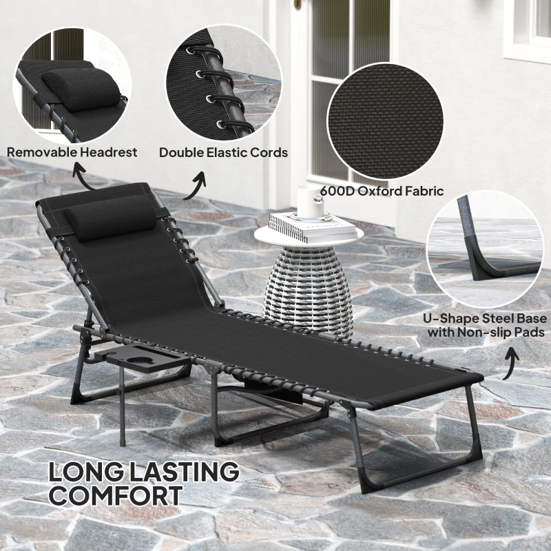 Outsunny Folding Outdoor Chaise Lounge Chair Tanning Chair with 5-Level Adjustable Back, Side Table, Pillow, Pocket, Black