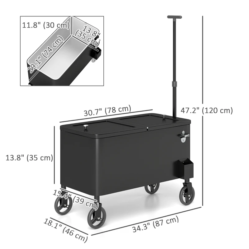 Outsunny 80-Qt Outdoor Patio Cooler Cart, Rolling Ice Chest with Adjustable Handle, Wheels, Bottle Opener, Drainage, Outdoor Beverage Cooler Bar Cart for Party BBQ Camping, Black
