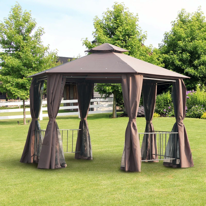 Outsunny 13' x 13' Patio Gazebo, Double Roof Hexagon Outdoor Gazebo Canopy Shelter with Netting & Curtains, Solid Steel Frame for Garden, Lawn, Backyard and Deck, Coffee