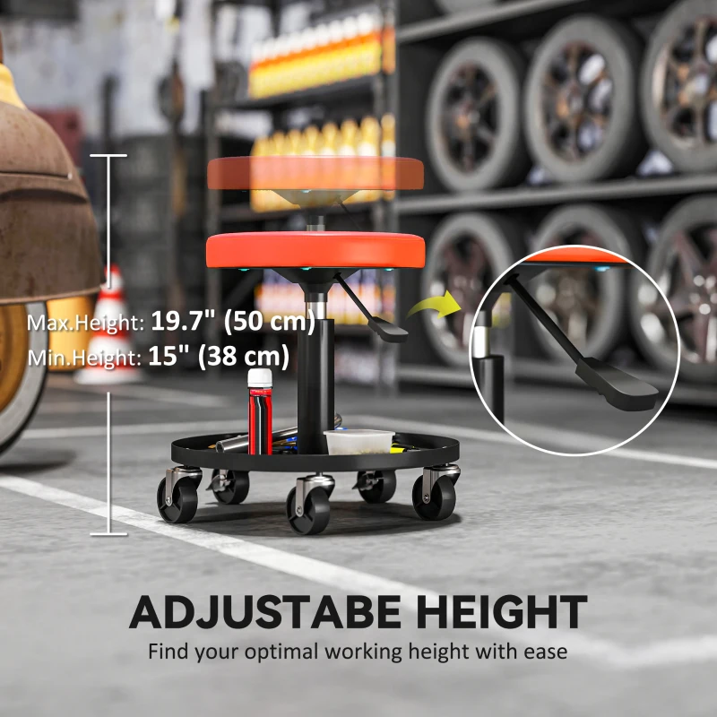 HOMCOM Rolling Garage Stool, 300 LBS Capacity Padded Mechanic Stool with 2.5" Wheels, Adjustable Height 15" -19.7", Orange