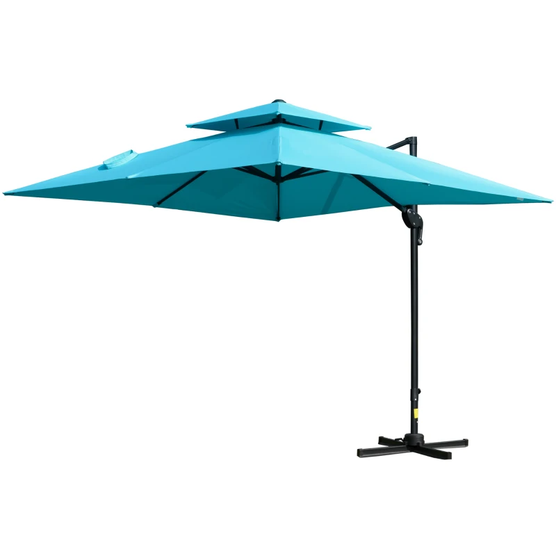 Outsunny 10' x 10' Cantilever Patio Umbrella, Double Top Square Offset Umbrella with 360° Rotation, 5 Adjustable Tilt Angles, Umbrella Cover, Aluminum Pole and Ribs, Light Blue