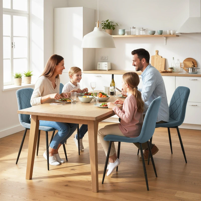 HOMCOM Dining Chairs Set of 4, Upholstered Dining Room Chairs with Steel Legs, Modern Kitchen Chair for Dining Room, Light Blue