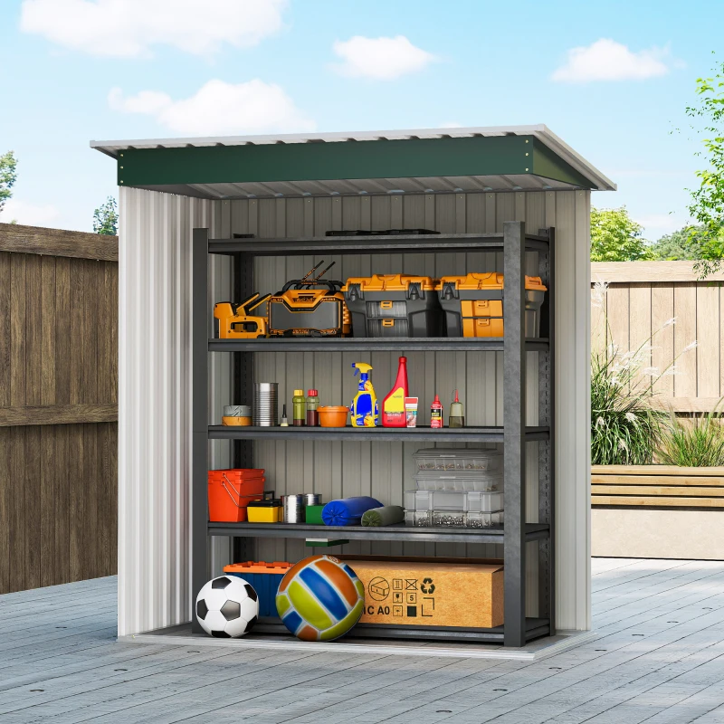 Outsunny 5 x 3 FT Outdoor Storage Shed with Sliding Door and Sloped Roof, Steel Frame Garden Shed Tool Equipment, Green