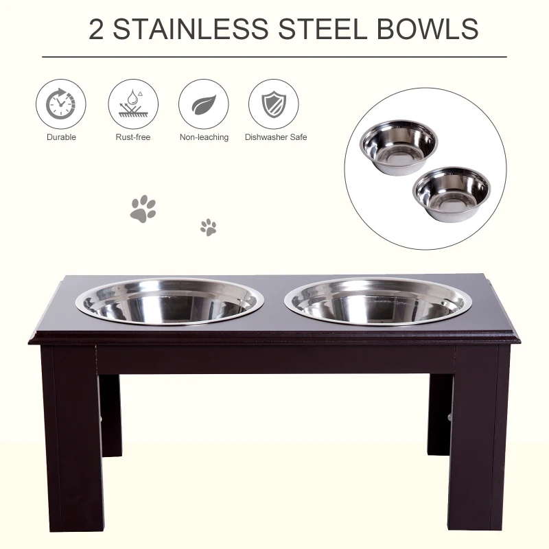 PawHut 10" Height Dog Feeding Station for Messy Pets, Stainless Steel Elevated Dog Bowls with Modern Wooden Frame, Dog Food Stand Pet Feeding Station, Dark Brown